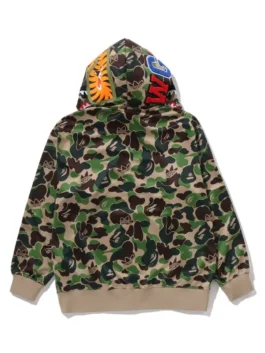 Bape x Adidas Camo Shark Full Zip Hoodie back view in bold camo cotton fleece with a striking shark graphic and clean hooded silhouette.