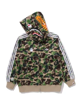 Bape x Adidas Camo Shark Full Zip Hoodie front view in bold camo cotton fleece with shark face detailing and a clean full zip hooded silhouette.