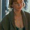 Beef Carey Mulligan Cardigan in warm olive knit with a shawl lapel collar, button closure and a refined relaxed everyday layering silhouette.