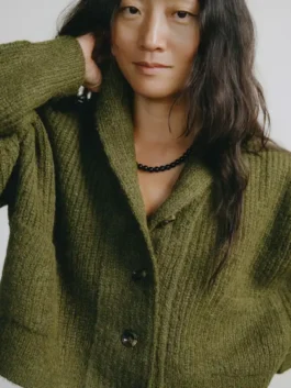 Beef Carey Mulligan Cardigan in rich olive knitted fabric with a shawl lapel collar and a relaxed silhouette full of understated everyday elegance.