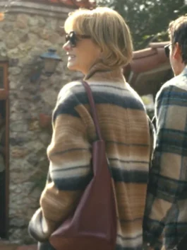 Beef Carey Mulligan Striped Wool Coat in warm striped wool with a high neck collar, button closure and a polished refined everyday coat silhouette.