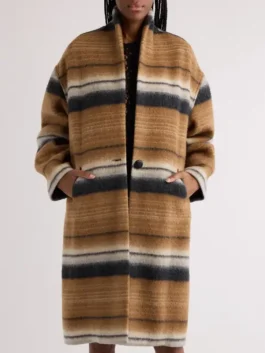 Beef Carey Mulligan Striped Wool Coat front view in bold striped wool with a high neck collar and a sharp elegant button-up silhouette.
