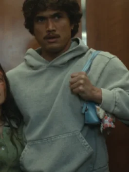 Beef Austin Davis Grey Hoodie as worn by Charles Melton in soft grey fleece with a relaxed hooded silhouette and everyday casual appeal.