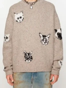 Beef Oscar Isaac Cat Print Knit Sweater front view in warm beige knit with a playful cat print and a clean rounded collar pullover design.