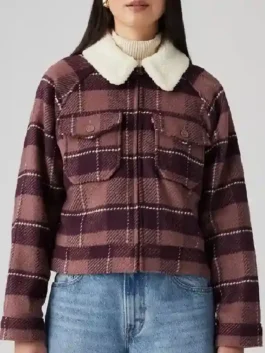 Beef S02 Amy Lau Plaid Jacket front view in deep burgundy wool with a sherpa shirt collar and a bold plaid pattern zip-up design.