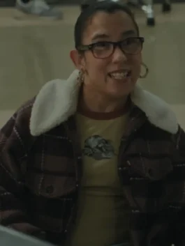 Beef S02 Amy Lau Plaid Jacket in warm burgundy wool plaid with a sherpa collar, zip closure and a refined screen-inspired everyday silhouette.