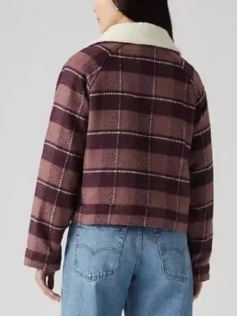 Beef S02 Amy Lau Plaid Jacket back view showcasing a rich burgundy wool plaid finish with a clean structured silhouette and open hem cuffs.