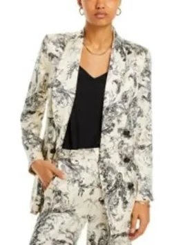 Carey Mulligan Beef White Floral Blazer from Season 2 in white suiting with blue floral detail, shawl lapel and a sharp double breasted build.