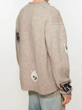 Beef Oscar Isaac Cat Print Knit Sweater as worn by Josh Crane Martin in the Beef series in cozy beige knit with a fun playful cat print design.