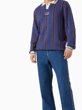 Beef Woosh Striped Polo Shirt as worn by Matthew Kim in the Beef series featuring bold blue stripes and a relaxed everyday fleece fit.