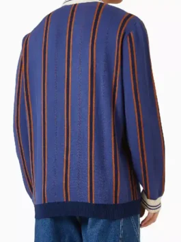 Beef Woosh Striped Polo Shirt back view in blue fleece with bold stripes and a clean structured silhouette seen on Matthew Kim in Beef.