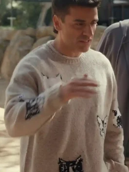 Beef Oscar Isaac Cat Print Knit Sweater from the Beef series in soft beige knitted fabric with a whimsical cat print and relaxed pullover fit.