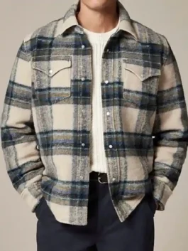 Oscar Isaac Beef Wool Plaid Jacket front view in warm wool plaid with snap tab buttons, chest pockets and a sharp shirt style collar finish.