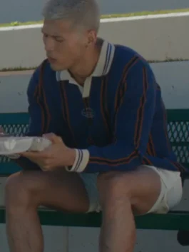 Beef Woosh Striped Polo Shirt in bold blue fleece with eye-catching stripes, a shirt style collar and a clean relaxed pullover fit.