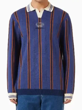 Beef Woosh Striped Polo Shirt front view in vibrant blue striped fleece with a classic shirt collar and a sharp clean pullover silhouette.