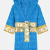 Versace Blue Robe in professional sapphire terry with luxury hooded collar design.