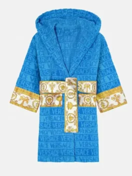 Versace Blue Robe in professional sapphire terry with luxury hooded collar design.