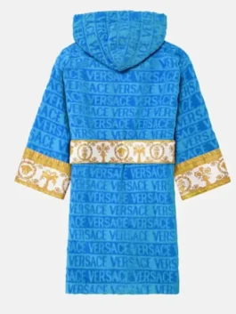 Versace Blue Robe back view highlighting professional fabric panels and a luxury belted closure.
