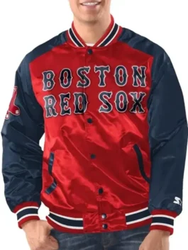 Boston Red Sox Renegade Satin Varsity Jacket showcasing professional fabric grain and luxury rib knitted cuffs.