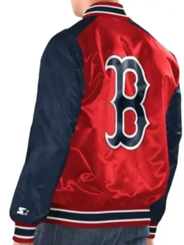 Boston Red Sox Renegade Satin Varsity Jacket back view highlighting professional navy panels and luxury tailored finish.