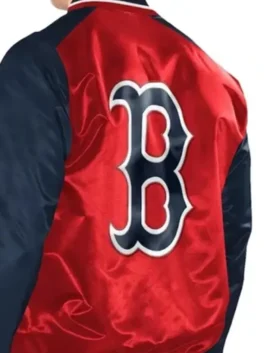 Boston Red Sox Renegade Satin Varsity Jacket in professional navy satin with luxury rib knitted collar.