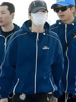 Keep Swimming BTS Jacket in striking deep blue nylon with crisp white accents, elasticized cuffs and a sharp full zip hooded athletic build.