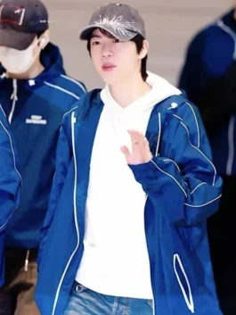 Keep Swimming BTS Jacket in bold deep blue nylon with white accents, full zip closure and a relaxed hooded everyday athletic silhouette.