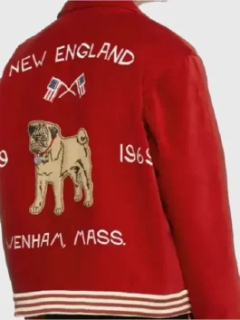 BTS V Bode Wenham Red Souvenir Jacket back view highlighting professional wool finish and luxury rib-knitted stretch cuffs.