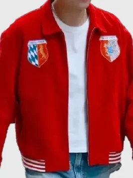 BTS V Bode Wenham Red Souvenir Jacket front view highlighting professional fabric grain and luxury zipper detail.