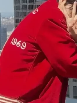 BTS V Bode Wenham Red Souvenir Jacket in professional red wool fabric with a luxury shirt style collar.