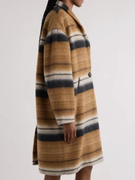 Beef Carey Mulligan Striped Wool Coat as worn by Carey Mulligan in the Beef series in rich striped wool with a commanding high neck presence.