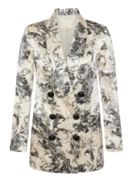 Carey Mulligan Beef White Floral Blazer front view in crisp white suiting with floral detail, shawl lapel collar and a polished double breasted closure.