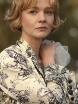 Carey Mulligan Beef White Floral Blazer in elegant white suiting with a shawl lapel, floral detail and a refined double breasted everyday silhouette.