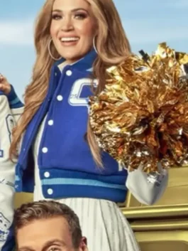 American Idol 2026 Carrie Underwood Varsity Jacket in cropped letterman style with bold blue wool, white leather sleeves and a sharp rib collar.