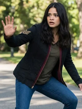 Charmed Mel Vera Black Jacket showcasing professional fabric grain and luxury open hem cuffs.