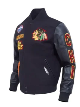 Chicago Blackhawks Patches Black Varsity Jacket showcasing professional wool panels and luxury team branding.