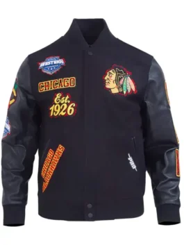 Chicago Blackhawks Patches Black Varsity Jacket featuring professional leather sleeves and a luxury snap closure.