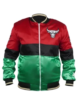 Chicago Bulls 75th Anniversary Color Block Satin Jacket highlighting professional finish and luxury full length sleeves.