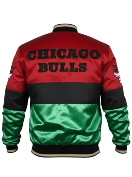 Chicago Bulls 75th Anniversary Color Block Satin Jacket back view in professional satin with luxury rib knitted hem.