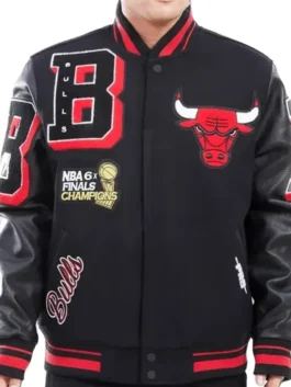 Chicago Bulls Mashup Black Varsity Jacket featuring professional fabric panels and luxury snap tab buttons.