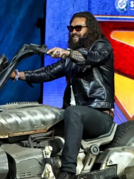 Jason Momoa CinemaCon Leather Jacket in professional coal-black real leather with a luxury shirt style collar.