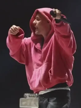 Coachella Justin Bieber Pink Hoodie featuring professional fabric panels and luxury zipper closure.