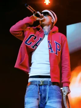 Central Cee Coachella Cap Hoodie in professional scarlet fleece with a drawstring zip-up design.