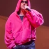 Coachella Justin Bieber Pink Hoodie highlighting professional black finish and luxury kangaroo style pockets.