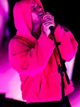Coachella Justin Bieber Pink Hoodie highlighting professional black grain and luxury rib knitted hem.