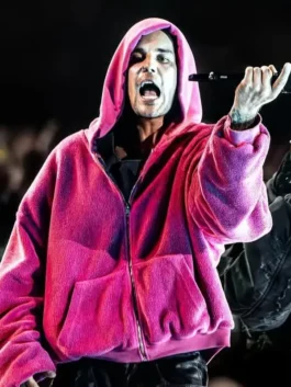 Coachella Justin Bieber Pink Hoodie front view highlighting professional black finish and luxury full length sleeves.