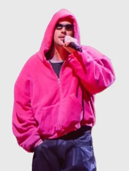 Coachella Justin Bieber Pink Hoodie showcasing professional fur finish and luxury hooded neckline.