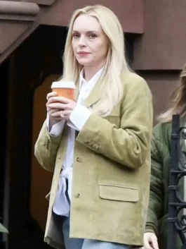 Count My Lies Violet Lockhart Suede Blazer as worn by Lindsay Lohan in rich olive green suede with a bold lapel collar and a refined button-up everyday silhouette.