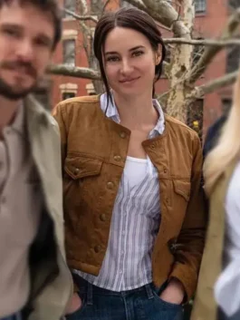 Shailene Woodley Count My Lies Brown Jacket as Sloane Caraway in warm brown cotton with a round neck collar and a sharp button-up everyday character look.