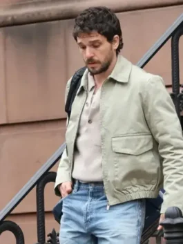 Kit Harington Count My Lies Cotton Jacket as Jay Lockhart in soft grey cotton with a shirt collar and a sharp relaxed zip-up everyday character silhouette.Kit Harington Count My Lies Cotton Jacket as Jay Lockhart in soft grey cotton with a shirt collar and a sharp relaxed zip-up everyday character silhouette.